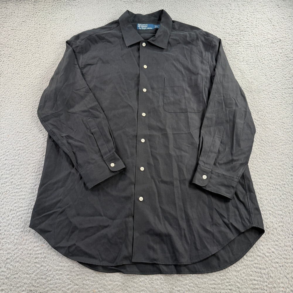 Polo Ralph Lauren Shirt Mens Large Black Silk Cotton Linen Button Down